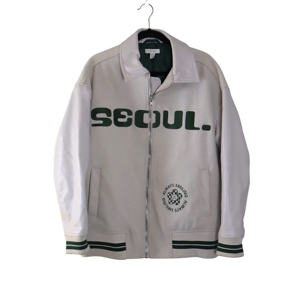 Topshop Seoul Varsity Bomber Jacket Cream Green Faux Street Wear Size S - Picture 2 of 8